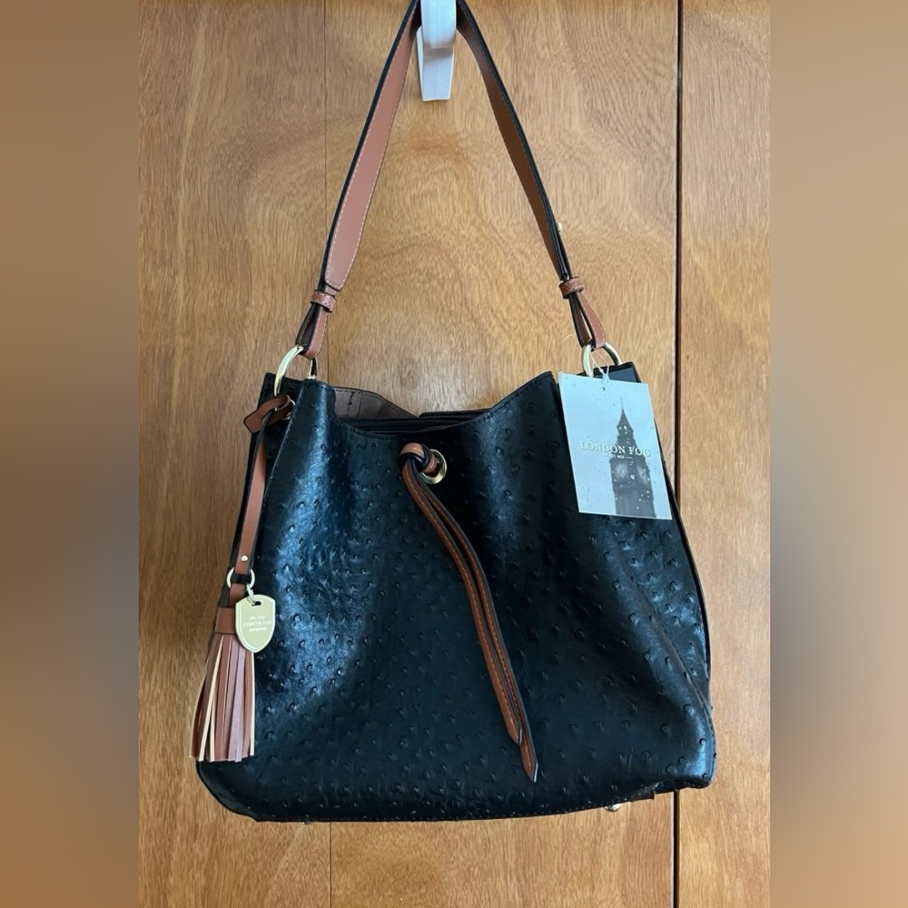 New! London Fog Isabel Hobo Black Vegan Ostrich Leather Bag